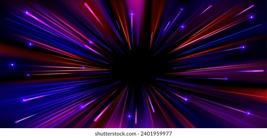 Fast light motion speed effect. Vector realistic illustration of abstract neon pink, purple rays, circular centric motion on black background, space travel route perspective, explosion energy warp