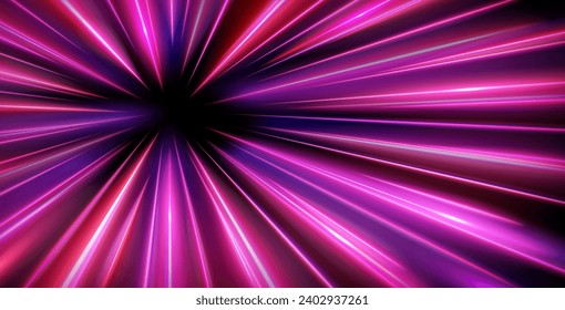 Fast light motion speed effect. Vector realistic illustration of abstract neon pink, purple rays, circular centric motion on black background, space travel route perspective, explosion energy warp