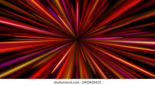 Fast light motion speed effect. Vector realistic illustration of abstract neon red, purple rays, circular centric motion on black background, space travel route perspective, explosion energy warp