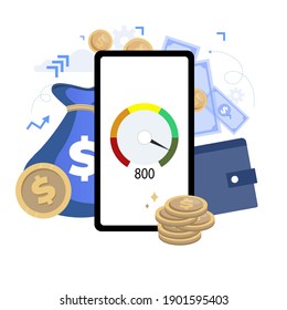 Fast loan, mobile banking app, good credit rating. Vector fast interface credit application, loan bank, cash instant, measure score approval, easy money to mortgage illustration