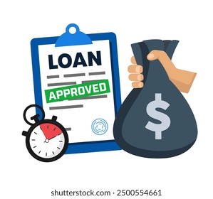 Fast Loan vector illustration - hand holding money bag near loan document.