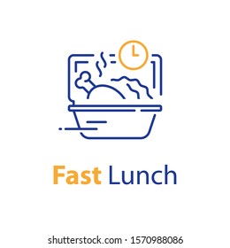 Fast Lunch, Ready To Eat, Food Delivery, Take Away Order, Quick Meal, Open Box And Clock, Vector Line Icon, Linear Design Illustration
