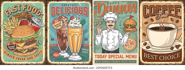 Fast lunch set flyers colorful with food from street cafe with burgers and cocktails or coffee in menu vector illustration