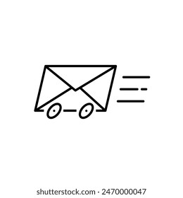 fast mail delivery simple icon. linear envelope and fast moving wheels. easy and successful package transfer. minimal thin line label element for graphic design website, app. black sign on white