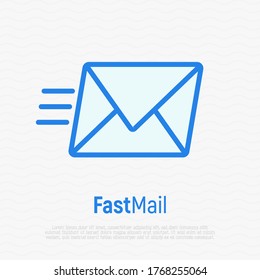 Fast mail or e-mail symbol. Envelope flying thin line vector illustration.