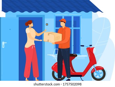 Fast mail service, male character postman drive motorbike supply order to client woman isolated on white, cartoon vector illustration. Online shopping market, express delivery to door house.