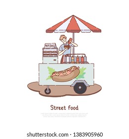 Fast meal sale business, seller cooking tasty snack, sausage, unhealthy quick lunch, takeaway service, hot dog trolley banner