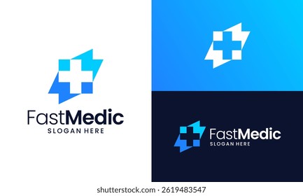 Fast medic logo design. Abstract lightning icon with Cross Sign Medical vector graphic symbols