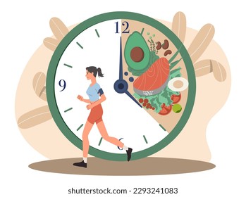 Fast metabolism concept. Woman next to clock with natural products. Vegetarian diet and health care, proper nutrition. Balance of proteins, fats and carbohydrates. Cartoon flat vector illustration