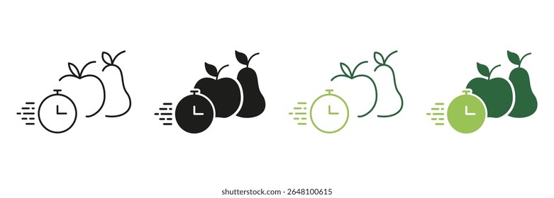 Fast Metabolism And Healthy Nutrition Solid Icon. Apple, Pear, And Stopwatch Representing Calorie Burn Silhouette Symbol. Isolated Vector Illustration.