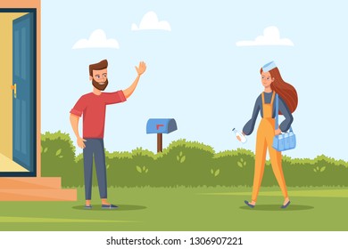 Fast milk delivery to the door of your house. Delivery service concept. Young Girl courier in uniform holding bottle of milk and bag. Vector illustration