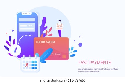 Fast Mobile banking concept with credit card illustration with standing man and using mobile phone with leaves