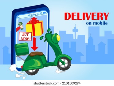 Fast mobile delivery service concept. Food delivery and courier services. Green moped on the background of the city. Application for a smartphone for the delivery of food, gifts and pizza. 
