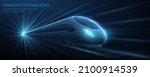 Fast modern express passenger train on high speed railway moving from flash light. Futuristic technology, hi tech future digital transport concept. Low pole 3d abstract illustration