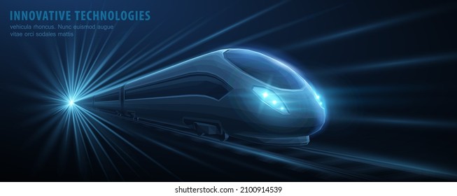 Fast modern express passenger train high speed railway moving from flash light  Futuristic technology  hi tech future digital transport concept  Low pole 3d abstract illustration