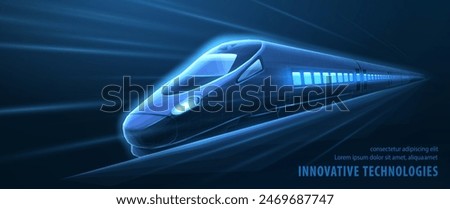 Fast modern express passenger train no high speed railway. Futuristic technology, hi tech future digital transport, train concept. 3d abstract vector. Predictive Maintenance, concept