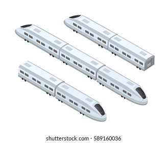 Fast modern high speed train. Vector flat 3d isometric illustration of public transport. Freight transportation to carry large numbers of passengers. Station tech world