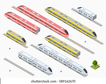 Fast modern high speed train. Vector flat 3d isometric illustration of public transport. Freight transportation to carry large numbers of passengers. Station tech world