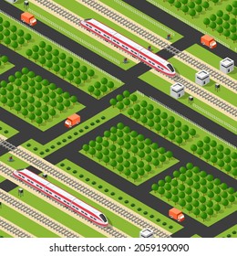 Fast modern high-speed train and cars. Vector flat 3d isometric illustration of public transport.