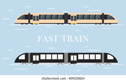 Fast modern train. Design element for transport companies. The silhouette of a train. Public transport. Flat style.  High-speed intercity transportation of passengers. Vector illustration. Train icon.