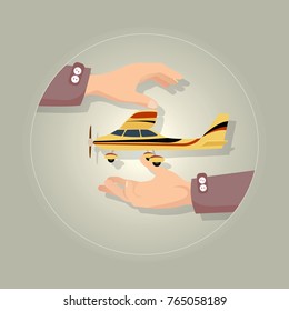 Fast modern yellow aeroplane on gray vector illustration. Powered and fixed-wing aircraft work due to propeller or jet engine. Plane has three wheels wings rudder. Insurance concept to take care.