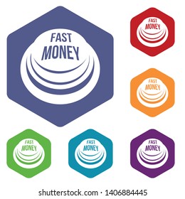 Fast money button icons vector colorful hexahedron set collection isolated on white