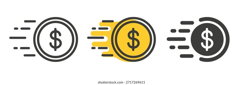 Fast money icon. Quick payment set icons. Prompt financial transactions. Line art.