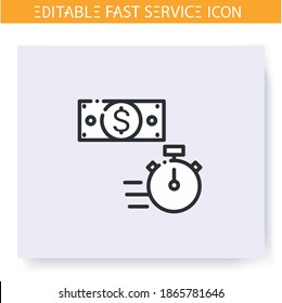 Icono de línea de dinero rápido. Crédito rápido. Cambio de divisas. Banca urgente. Servicios rápidos, corto plazo, trabajo rápido, concepto de gestión del tiempo. Ilustración vectorial aislada. Trazo editable