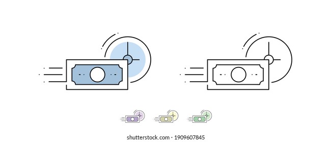 Fast money transfer within hours is the modern icon. Fast money transfer. Paper money and application icon. Alternatively, different colors have been added. Symbols of different thickness.
