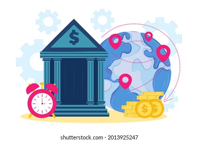 Fast money transfers around the world. Vector flat illustration. Worldwide transfer of Bank funds. Cash transactions. 