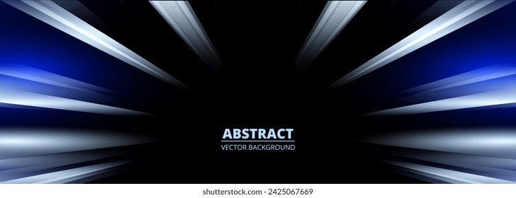 Fast movement speed lights abstract background with motion effect blue and white lines. Dark wide futuristic banner. Vector illustration