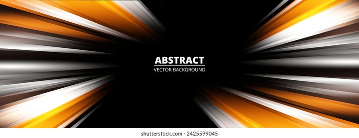 Fast movement speed lights abstract background with motion effect orange and white lines. Dark wide futuristic banner. Vector illustration