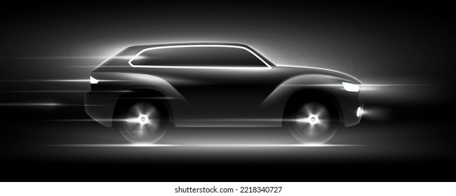 Vehículo SUV negro de movimiento rápido con líneas de viento corriendo a alta velocidad en la noche niebla, ilustración vectorial. Diseño de carteles horizontales para automóviles en blanco y negro de lujo.