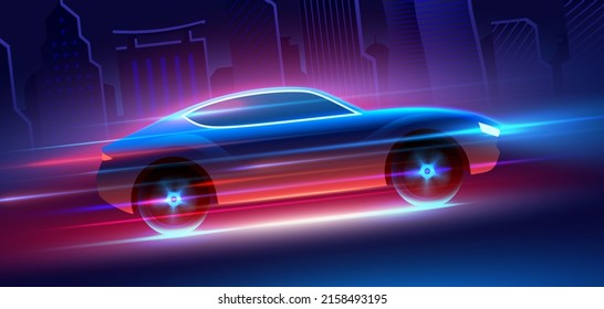 Auto en movimiento rápido con luces de neón brillantes azules y rojas corriendo a alta velocidad en un camino del centro de la ciudad. Fondo vectorial automático.