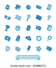Fast Moving Icons Collection. Set of blue web and business symbols with speed streaks