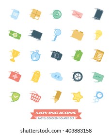 Fast Moving Icons Collection. Set of pastel colored web and business symbols with speed streaks