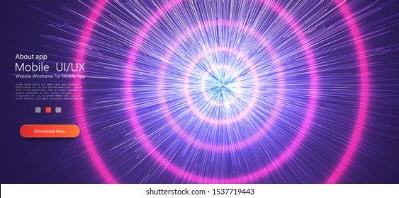 Fast moving at light speed - trends, modern  warp star beams. Blue pink neon round frame, circle, ring shape, ultraviolet light, fashion show stage, abstract background
