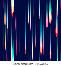 Fast Moving Lines, Stripes Seamless Pattern Design. Neon Light Particles, Shooting Stars, Meteorites Flying at High Speed on Dark Space Background. Seamless Fashion, Holiday, Cover, Ad, Pattern