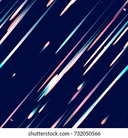 Fast Moving Lines, Stripes Seamless Pattern Design. Neon Light Particles, Shooting Stars, Meteorites Flying at High Speed on Dark Space Background. Seamless Fashion, Holiday, Cover, Ad, Pattern