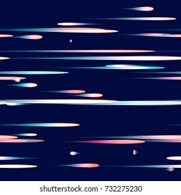Fast Moving Lines, Stripes Seamless Pattern Design. Neon Light Particles, Shooting Stars, Meteorites Flying at High Speed on Dark Space Background. Seamless Fashion, Holiday, Cover, Ad, Pattern