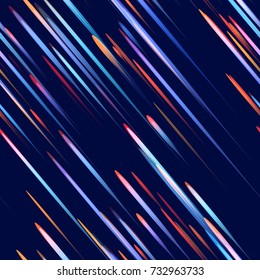 Fast Moving Lines, Stripes Seamless Pattern Design. Neon Light Particles, Shooting Stars, Meteorites Flying at High Speed on Dark Space Background. Seamless Fashion, Holiday, Cover, Ad, Pattern