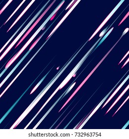 Fast Moving Lines, Stripes Seamless Pattern Design. Neon Light Particles, Shooting Stars, Meteorites Flying at High Speed on Dark Space Background. Seamless Fashion, Holiday, Cover, Ad, Pattern