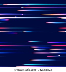 Fast Moving Lines, Stripes Seamless Pattern Design. Neon Light Particles, Shooting Stars, Meteorites Flying at High Speed on Dark Space Background. Seamless Fashion, Holiday, Cover, Ad, Pattern