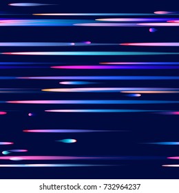 Fast Moving Lines, Stripes Seamless Pattern Design. Neon Light Particles, Shooting Stars, Meteorites Flying at High Speed on Dark Space Background. Seamless Fashion, Holiday, Cover, Ad, Pattern