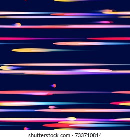 Fast Moving Lines, Stripes Seamless Pattern Design. Neon Light Particles, Shooting Stars, Meteorites Flying at High Speed on Dark Space Background. Seamless Fashion, Holiday, Cover, Ad, Pattern