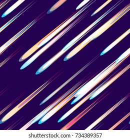 Fast Moving Lines, Stripes Seamless Pattern Design. Neon Light Particles, Shooting Stars, Meteorites Flying at High Speed on Dark Space Background. Seamless Fashion, Holiday, Cover, Ad, Pattern
