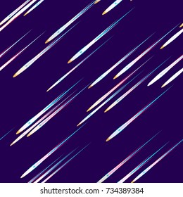 Fast Moving Lines, Stripes Seamless Pattern Design. Neon Light Particles, Shooting Stars, Meteorites Flying at High Speed on Dark Space Background. Seamless Fashion, Holiday, Cover, Ad, Pattern