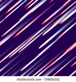 Fast Moving Lines, Stripes Seamless Pattern Design. Neon Light Particles, Shooting Stars, Meteorites Flying at High Speed on Dark Space Background. Seamless Fashion, Holiday, Cover, Ad, Pattern