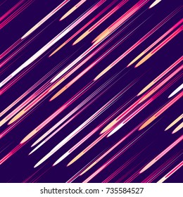 Fast Moving Lines, Stripes Seamless Pattern Design. Neon Light Particles, Shooting Stars, Meteorites Flying at High Speed on Dark Space Background. Seamless Fashion, Holiday, Cover, Ad, Pattern