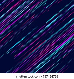 Fast Moving Lines, Stripes Seamless Pattern Design. Neon Light Particles, Shooting Stars, Meteorites Flying at High Speed on Dark Space Background. Seamless Fashion, Holiday, Cover, Ad, Pattern
